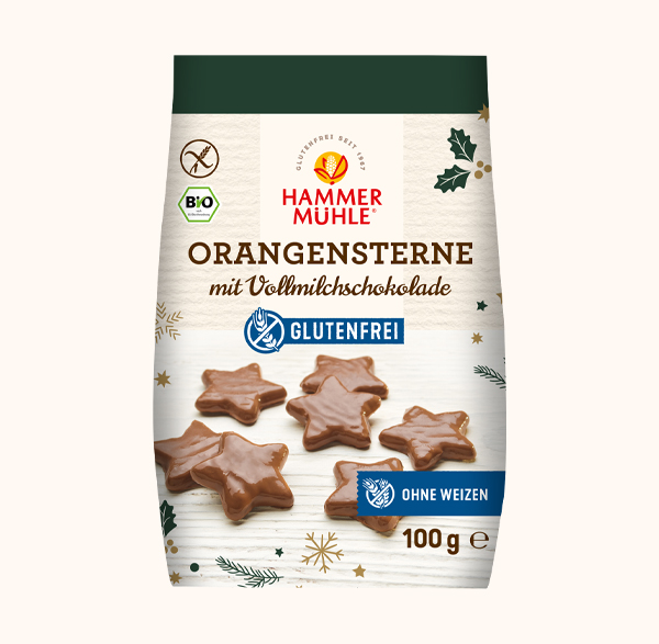 Eine Packung Hammermühle Bio Orangensterne mit Vollmilchschokolade